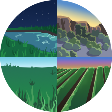 Four land types are depicted in quadrants: Wetland, shrubland, grassland and cropland