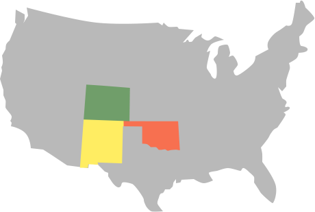 Map of the United States with New Mexico, Colorado and Oklahoma highlighted.